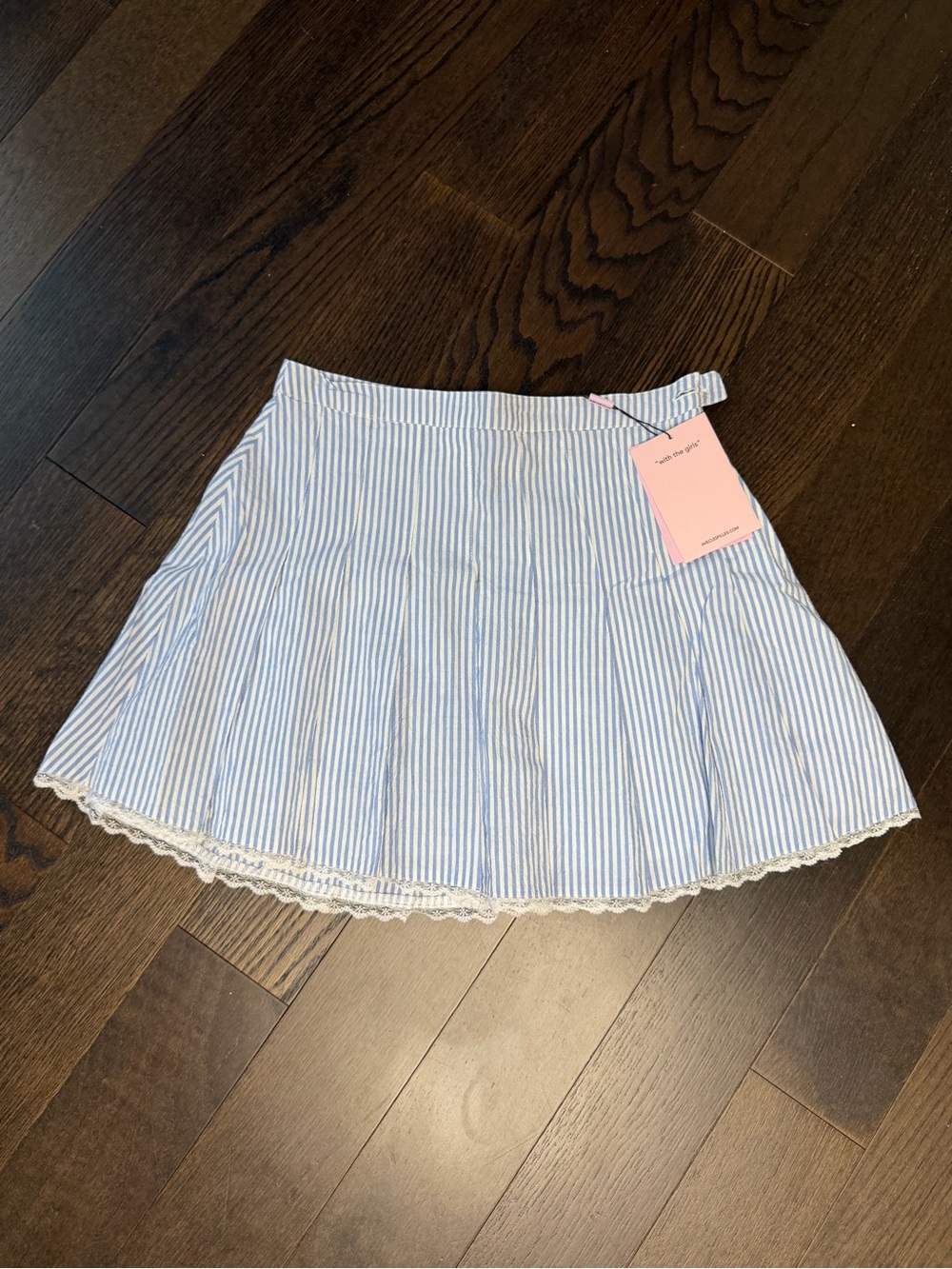 Avec Les Filles Blue and White Striped Circle Skirt with Lace Trim
